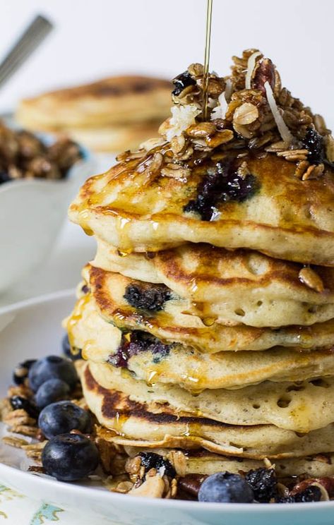 Blueberry Granola Crunch Pancakes Granola Pancakes, Blueberry Granola, Delicious Pancakes, Pancake Recipes, What's For Breakfast, Breakfast Pancakes, Pancakes And Waffles, Breakfast Foods, Breakfast Time