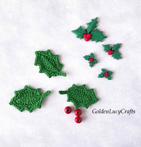 Mini Pillow, Free Crochet Pattern - GoldenLucyCrafts Crochet Holly Leaf Free Pattern, Crochet Holly, 2023 Crochet, Christmas Leaves, Decor Shelf, Crochet Potholders, Holly Berry, Decor Table, Holly Leaf