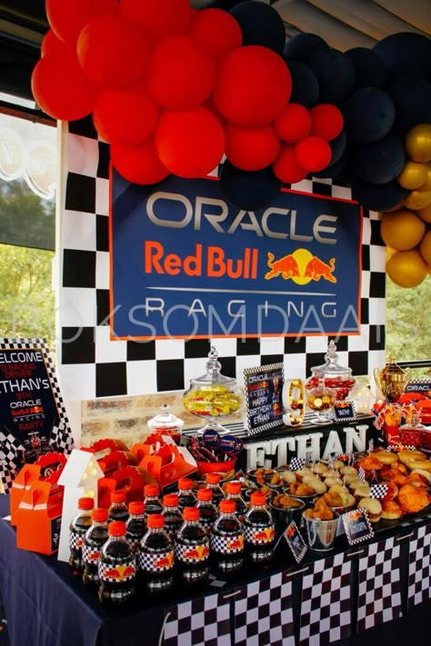 Red Bull Racing Children's Party Ideas by Boksomdaais Boutique Events Redbull Racing Birthday Party, Red Bull Birthday Ideas, Red Bull Racing Birthday Party, F1 Birthday Party Ideas Mercedes, F1 Cake Ideas Red Bull, Formula 1 Birthday Party Ideas Red Bull, Formula 1 Themed Birthday Party, F1 Party Ideas, Decoracion Fiesta Red Bull F1