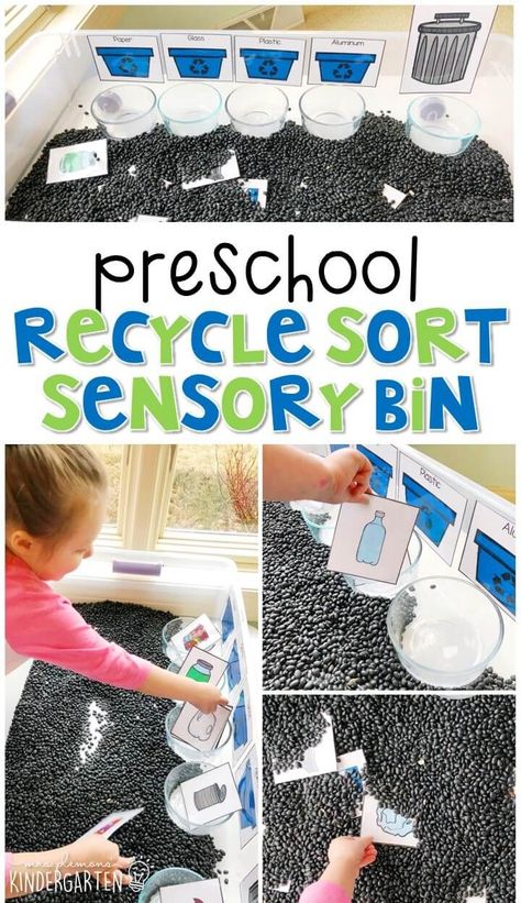 Recycling Sensory Bin, Reduce Reuse Recycle Activities, Preschool Earth Day, Earth Day Preschool Activities, Recycle Preschool, Recycling Activities For Kids, Earth Day Theme, Recycling Lessons, Vetenskapliga Experiment