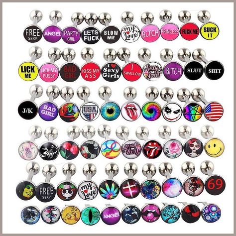 Lot of Surgical Steel Metal Tongue Rings Barbells Funny Nasty Wordings Picture Logo Signs 14g - Length 5/8" or 16mm Cute Tongue Rings, Cute Tongue Piercing, Tongue Piercing Jewelry, Tongue Bars, Industrial Piercing Jewelry, Fancy Words, Tongue Piercing, Tongue Rings, Picture Logo