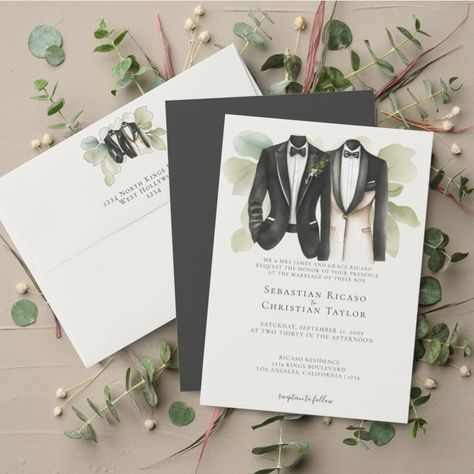 Elegant Gay Wedding Two Grooms A beautiful, elegant and sophisticated wedding collection for the two grooms. A gay wedding themed set featuring a muted green tone with two suits. Offered on invitations, labels, stickers, and more from #Ricaso VIEW COLLECTION HERE - https://www.zazzle.com/collections/119830207288055982 #gay #gaywedding #samesexwedding #wedding #grooms #suit #suits #elegant #weddinginvites #weddinginvitations #zazzlemade Gay Wedding Invitations, Two Grooms, Grooms Suit, Wedding Themed, Muted Green, Green Tone, Sophisticated Wedding, Gay Wedding, Green Tones