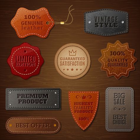 Free Vector | Leather label set Brown Clothes, Grunge Illustration, Patches For Jackets, 귀여운 음식 그림, Diy Leather Projects, Retro Gadgets, Collection Design, Ornament Frame, Leather Label