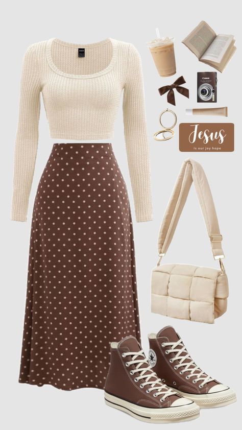 #brown #brownaesthetic #skirt #neutral #ootd #casual #churchoutfit #modestfashion #spring #summer #outfitinspo #schoolfit #fashion Modest Girly Outfits, Mode Swag, Modest Outfit Ideas, Stile Hijab, Modest Outfit, Modesty Outfits, Cute Modest Outfits, Modest Dresses Casual, Casual Day Outfits