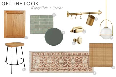 Green And Honey Oak Kitchen, Cabinets With Green Walls, Honey Oak Bathroom, Kitchen Mood Board Colour Palettes, Honey Oak Kitchen, Honey Oak Trim, Oak Kitchens, Earthy Kitchen, Honey Oak Cabinets