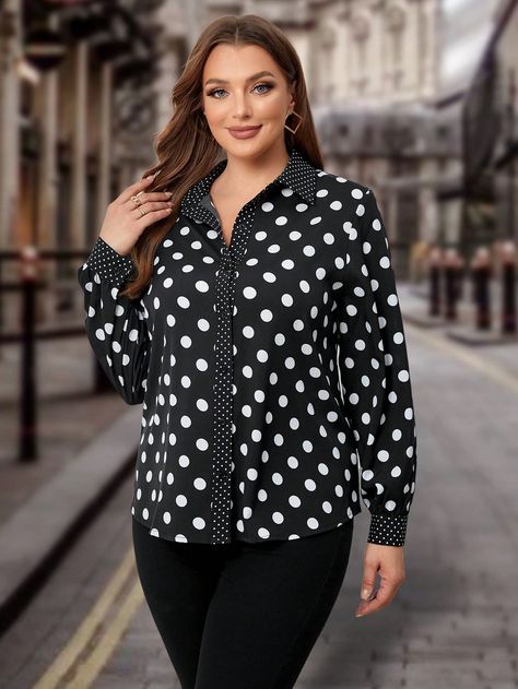 Black and White Casual Collar Long Sleeve Woven Fabric Polka Dot Shirt Embellished Non-Stretch  Women Plus Clothing Dot Shirt, Polka Dot Shirt, Shirt Print Design, Polka Dot Print, Plus Size Blouses, White Casual, Print Shirt, Dot Print, White Polka Dot