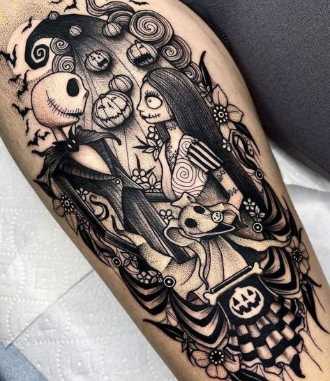 Nightmare Before Christmas Back Tattoo, Sally Tattoo Nightmare Before Christmas, Jack And Sally Tattoo Design, Nbc Tattoo Nightmare Before Christmas, Jack Skellington And Sally Tattoo, Disney Arm Tattoo, Bettle Juice Tattoos, Jack Sally Tattoo, Nightmare Before Christmas Tattoo Sleeve