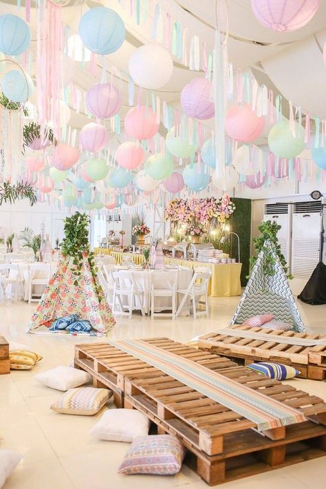 Babychella Baby Shower Ideas, Kidchella Party Ideas, Pastel Birthday Party, Bohemian Birthday Party, Party Palette, Coachella Birthday, Bohemian Birthday, Boho Birthday Party, Teepee Party