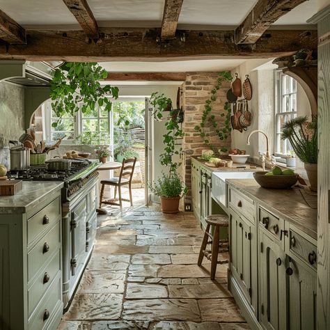 A charming English countryside kitchen that embraces the warmth and simplicity of rural living, creating a timeless and inviting atmosphere European Countryside Aesthetic Home, Step Up Into Kitchen, French Countryside Kitchen Rustic, English Garden Kitchen, Charming Cottage Kitchen, Cozy Italian Kitchen, Cottagecore Modern House, Old English Kitchen Cottage Style, English Kitchen Ideas