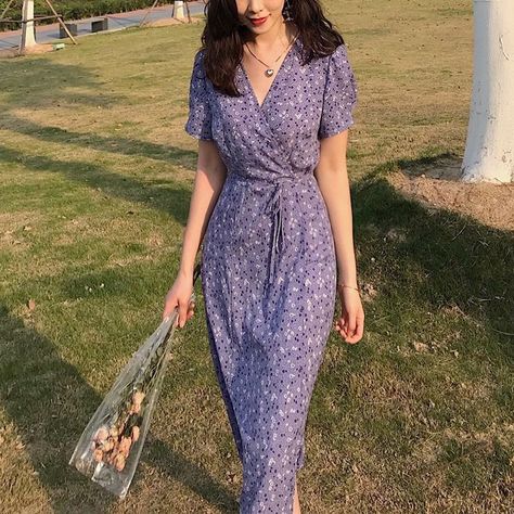 Turkey Outfits, Skirts Style, Wrap Dress Short, Sunday Service, Purple Floral Dress, Elegant Dresses Classy, Wrap Dresses, Korean Fashion Dress, Wrap Dress Floral