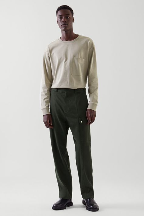 RELAXED-FIT UTILITY TROUSERS - DARK GREEN - COS Utility Trousers, Green Trousers, Suit Trousers, Fitted Trousers, Trouser Suits, Black Is Beautiful, Mens Trousers, Wardrobe Essentials, Fashion Brand