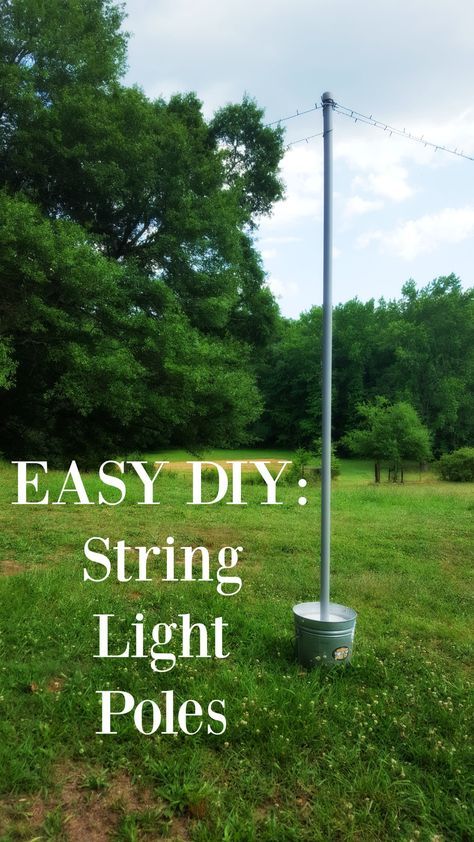 Easy DIY Mobile String Light Poles                                                                                                                                                                                 More Carport Wedding Ideas, Light Stand Outdoor, Diy Event Lighting, Backyard Tent Wedding On A Budget, Farmhouse Backyard Wedding, Garden Wedding Lights, Outdoor Lights Wedding, Diy Backyard Wedding Decorations, Backyard Wedding Lighting Ideas