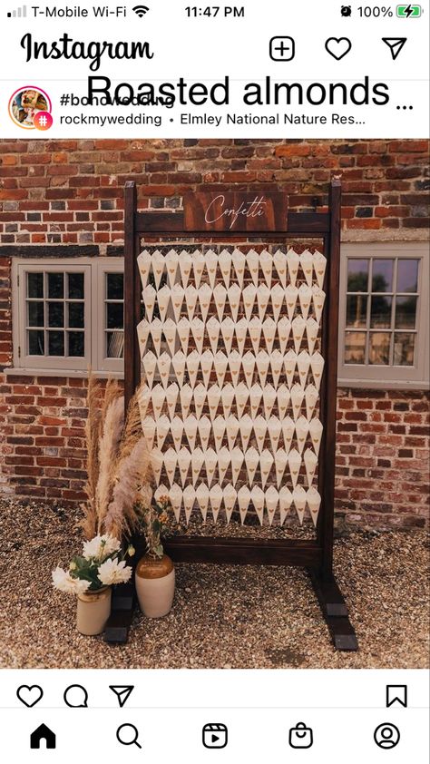 Roasted almond cones Wedding Crisp Wall, Crisp Wall Wedding, Confetti Stand, Confetti Cone Holder, Otter Wedding, Boho Confetti, Carpenter Photography, Dyi Wedding, Confetti Wall