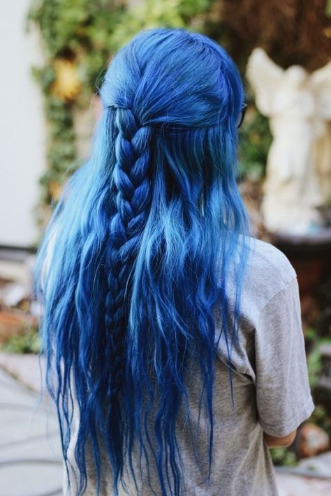 my hair, dyed using Arctic Fox’s Poseidon Blue Hair Ponytail, Arctic Fox Poseidon, Long Blue Hair, Blue Braids, Wedding Ponytail Hairstyles, Arctic Fox Hair Dye, Unique Braids, Hair Color Pastel, Easy Hairstyle