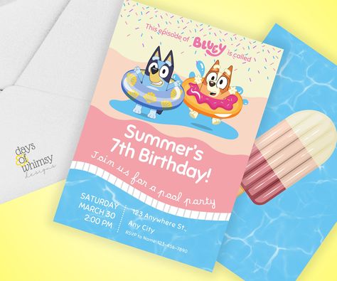 Bluey Summer Party, Pool Party Kids Birthday, Swimming Pool Party, Pool Party Kids, Pool Party Birthday Invitations, Party Swimming Pool, Kids Birthday Party Invitations, Pool Birthday Party, Canva Pro