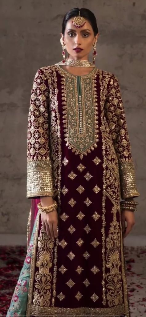 Kinari Work Suits, Maroon Velvet Suit, Embroidery Fashion Detail, Pakistani Formal Dresses, Velvet Dress Designs, Pakistani Wedding Outfits, Velvet Dresses, Pakistani Dresses Casual, Pakistani Fashion Party Wear