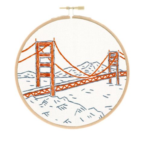 This charming, small embroidery kit of San Franciscos Golden Gate Bridge is part of my West Coast series. If you have West Coast pride, now you can show it off with a stitched landmark you love. How darling is this rust-orange bridge? I worked really hard to find the perfect color of thread for the bridge because thats what everyone remembers when they visit it: its orange! Youll love stitching up this little piece of San Francisco with just three basic stitches: the running stitch, the back ... City Embroidery, Beginner Embroidery, Beginner Embroidery Kit, San Francisco Golden Gate Bridge, The Golden Gate Bridge, Learn Embroidery, Paper Embroidery, Silk Ribbon Embroidery, Embroidery Craft