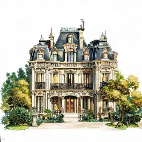 Victorian Mansion Exterior, Minecraft Build House, Mansion Drawing, Castle House Design, Mansion Exterior, Small Villa, Victorian Townhouse, Watercolor Architecture, Victorian Buildings