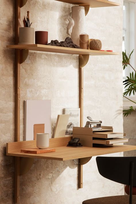 We love modern wall-mounted desks at Remodelista. For us, wall-mounted furniture is a saving grace for small-space living. And don't underestimate the advantages to wall-mounted, modular shelving systems. Similar to wall-mounted desks, they can be engineered to fit any space; but unlike built-ins, they can be disassembled and reinstalled if you relocate. Mid Century Shelving Unit, Mid Century Shelving, Custom Dining Chairs, Buy Desk, Wall Mounted Desk, Console Design, Oak Desk, Wall Desk, A Desk