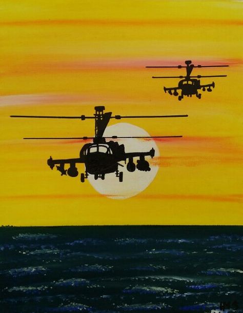 Acryl Painting Helicopter Helicopter Painting, Helicopter Drawing, Scenery Drawing For Kids, Apache Helicopter, Acryl Painting, Sky Art Painting, Aircraft Painting, Silhouette Painting, Couple Painting