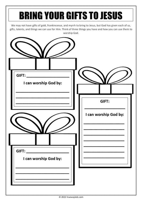 This worksheet is perfect for a Christmas Bible study with teens! It's a great way to get them thinking about what they can give to Jesus. Sunday School New Years Lesson, Christmas Bible Activities For Kids, Bible Projects For Kids, Christian Christmas Activities For Kids, Christmas Bible Lessons For Kids, Christian Activities For Kids, Christian Christmas Activities, Classroom Promise, Christmas Sunday School Lessons