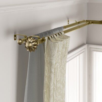 Dual Curtain Rod, Gold Double Curtain Rod, Double Curtain Rod Ideas Living Rooms, Corner Curtain Rod Ideas, Curtains For Corner Windows, Double Rod Curtain Ideas With Sheers, Double Window Curtain Ideas, Double Curtains Living Room, Double Curtain Rod Ideas