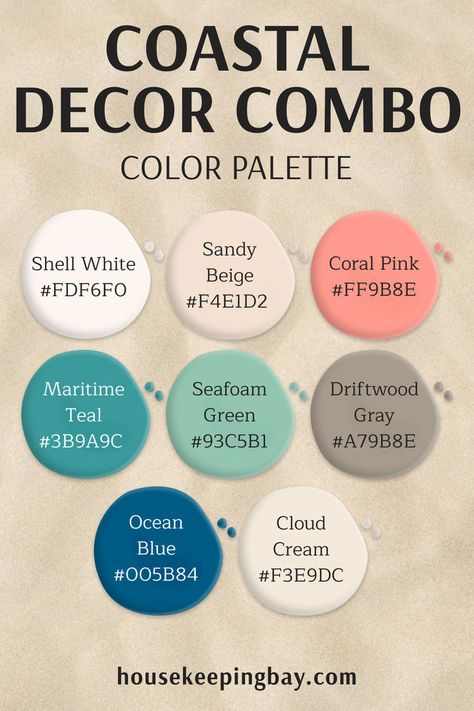 Coastal Decor Combo – Color Palette Coastal Color Palettes, Beach Color Palettes, Coastal Paint Colors, Coastal Paint, Coastal Color Palette, Beach Themed Bedroom, House Color Palettes, Coastal Colors, Beach Color