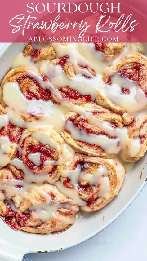 Delightfully gooey, brown sugar-sweetened strawberry sauce is rolled up in fluffy, tender, sourdough sweet rolls, then baked until the strawberries are bubbling and the rolls are golden brown. Finished with a generous drizzle of cream cheese icing, these strawberry sourdough sweet rolls are divine. Strawberry Sourdough, Sourdough Strawberry, Strawberry Rolls, Strawberry Cinnamon Rolls, Recipe Using Sourdough Starter, Strawberry Muffins, Sweet Dough, Sourdough Baking, Sourdough Bread Recipe