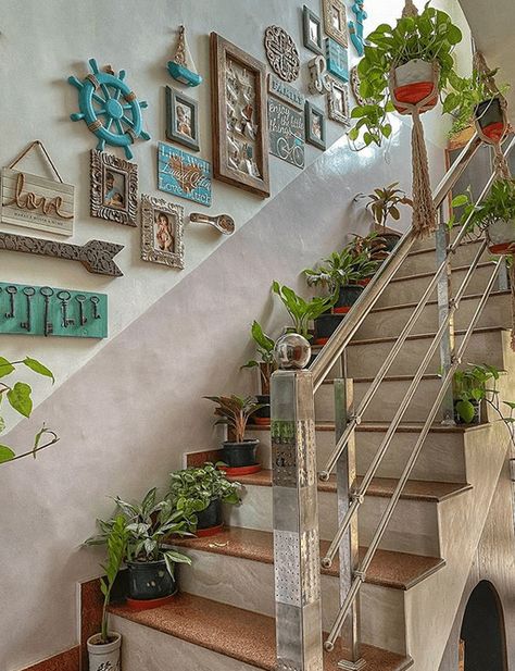 HomelySmart | 16 Creative Stairs Decor Ideas That Makes You Love Your Stairs More! - HomelySmart Wallpaper Plants Aesthetic, Wallpaper Plants, Aesthetic Plant, Tattoo Plant, Aesthetic Plants, Plants Aesthetic, Indian Room Decor, Indian Bedroom Decor, Colourful Living Room Decor