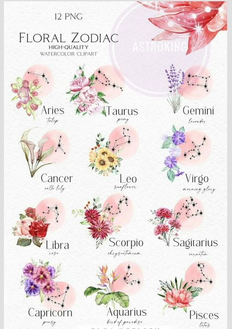 Floral Zodiac, Marshmello Wallpapers, Birth Flower Tattoos, Flower Meanings, Hand Drawn Flowers, Language Of Flowers, Zodiac Art, Month Flowers, Zodiac Constellations