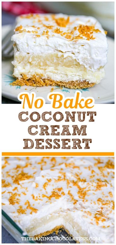 With this No Bake Layered Coconut Cream Dessert, you can whip up this delicious and simple treat in no time. With layers of graham cracker crust, cream cheese filling, coconut cream pudding, whipped cream and toasted coconut, this delectable dessert is sure to delight! Coconut Cream Pudding, Coconut Cream Dessert, Pudding Whipped Cream, Graham Dessert, Coconut Cream Pie Recipes, Homemade Banana Pudding, Layered Dessert, Coconut Pudding, Impressive Desserts