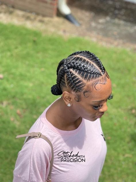 Feedin Cornrows With Design, 2 Lines Hairstyle For Black Women, Crisscross Feed In Braids, Four Feedin Braids Styles, Braids To Back With Bun, Cornrow Buns For Black Hair, 4 Cornrows Braids For Black Women, Crisscross Cornrows, Corn Row Braids Black Women Cornrows Hairstyles