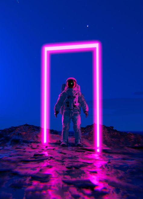 Astronaut travels through pink neon portal on a planet. Neon Space Aesthetic, Cyberpunk Office, Neon Astronaut, Futuristic Astronaut, Space Portal, Cyberpunk Theme, Neon Space, Neon Art Print, Neon Poster