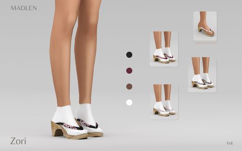 Madlen Zori Shoes Inspired by traditional Japanese footwear. Socks included as a separate package. DOWNLOAD (Patreon Early Access) Zori Shoes, Sims 4 Madlen, Sims Royal, Japanese Shoes, Japanese Footwear, Chanel Decor, Sims 4 Anime, Sims 4 Cc Shoes, The Sims 4 Packs