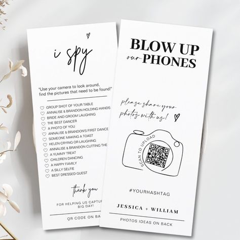 Blow up phones I spy wedding game card Wedding Reception Games Outdoor Games, Wedding Games Stationery, Wedding Instagram Scavenger Hunt, Scavenger Hunt For Engagement Ring, Wedding Games With Guests, Wedding Fun Activities For Guests, Fun Family Wedding Games, Games To Make Money At Wedding, Guest Interaction Wedding