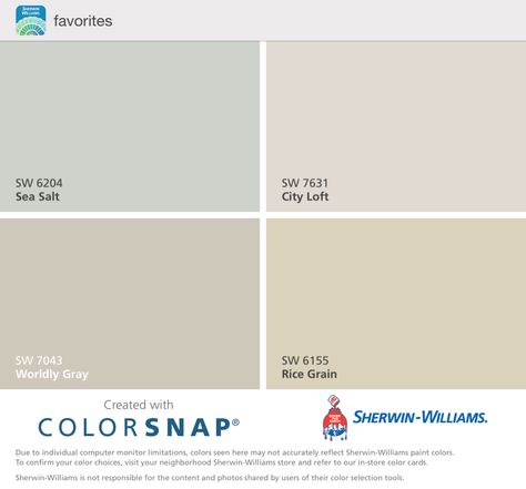 Sherwin Williams Favorite colors sea salt, city loft, worldly gray and rice grain Worldly Gray, Salt City, City Loft, Farmhouse Paint Colors, Sherwin Williams Colors, Cream Paint, Favorite Paint Colors, Sherwin Williams Paint Colors, Rice Grain