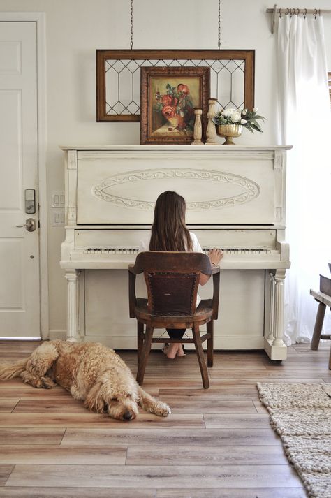 Entryway With Piano, Piano In Entryway, Piano Top Decor, Cozy Foyer, Piano Room Decor, Piano Wall, Painted Pianos, Homemade Chalk Paint, Piano Decor