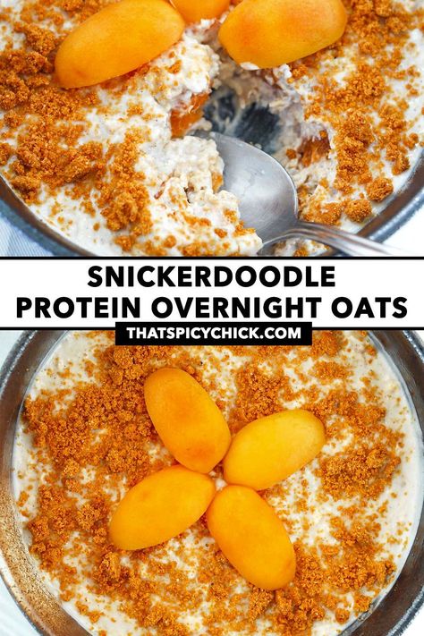 Start off your morning right with these Snickerdoodle Protein Overnight Oats! They are quick and easy to make, high in protein and fiber and full of the BEST warming cinnamon and sugar cookie flavors! This nutritious breakfast is super delicious and meal prep friendly too! | #proats #overnightoats #oatmeal #breakfast #glutenfree #highprotein #highproteinmeals #mealprep #snickerdoodle #apricots #easyrecipes | That Spicy Chick Sugar Cookie Flavors, Cookie Overnight Oats, Protein Overnight Oats, Recipes For The Week, Chicke Recipes, Protein Bowls, Vegan Protein Powder, High Protein Meals, Cookie Flavors