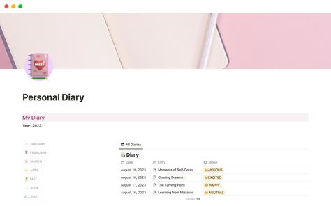 Personal Diary | Notion Template notioncustom Notion Diary Template, Notion Diary, Notion Template Minimalist, Notion Template For Work, Notion Themes, Academic Inspiration, Student Notion Template, Notion Templates For Students, Notion Template Aesthetic