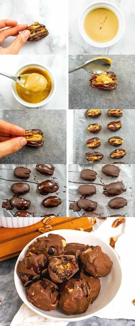 Chocolate covered peanut butter stuffed dates - vegan, dairy free, gluten free, simple - these chocolate covered dates are the perfect quick snack that is easy to make and perfect for afternoon sweet indulgences. Great for meal prep and can easily be stored in the fridge or freezer. Stuffed Dates Peanut Butter, Peanut Butter Chocolate Dipped Dates, Dates Pecans Chocolate, Chocolate Cover Dates, Dates Dipped In Chocolate, Dates And Peanut Butter Healthy Snacks, Peanut Butter Chocolate Dates, Chocolate Peanut Butter Dates, Peanut Butter Filled Dates