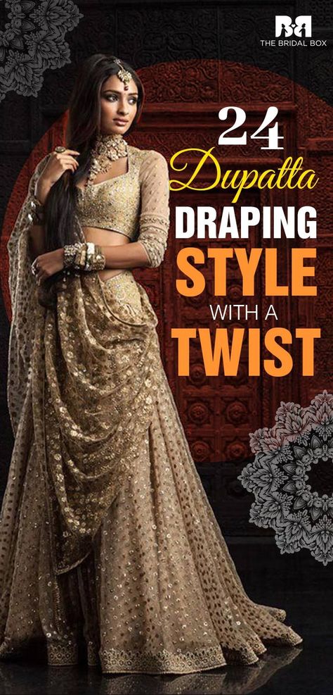 Bored by the same conventional styles of draping your dupatta, for parties and occasions? Want to shine bright in your Indian attire but not sure how to style your dupatta like a diva? Well, we have sorted out the issues for you. Lehenga Draping Styles For Engagement, Lengha Duppta Drape Style, Organza Dupatta Draping Styles On Lehenga, How To Drape Heavy Dupatta On Lehenga, Wedding Dupatta Draping, Chaniya Choli Draping Styles, Long Dupatta Drape, How To Style A Dupatta, Gharara Dupatta Draping Style