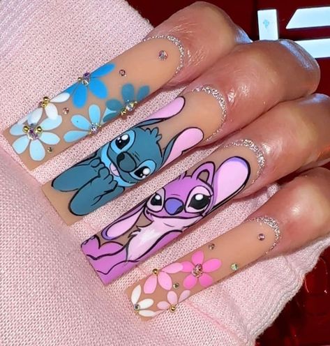 Nail Design Ideas 💅💅 | 💙💜🩷 Lilo And Stitch Nail Designs, Stitch Acrylic Nails, Stitch Nail Designs, Lilo And Stitch Nails, Stitch Nail Art, Stitch Nails, Acrylic Nails Pastel, Disney Acrylic Nails, Angel Nails