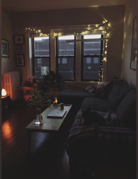 Little Apartment Aesthetic Bedroom, Dark Cozy Apartment Aesthetic, Small Cozy Apartment Living Room, Dark Aesthetic Apartment Interiors, Nyc Small Apartment Aesthetic, New York Apartment Aesthetic Interior, Chicago Apartment Aesthetic, Canadian Apartment, Apartment Chicago