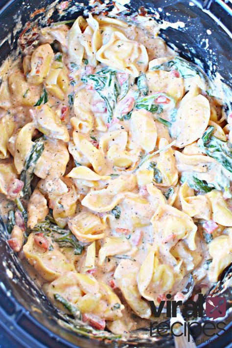 TikTok Healthy Crockpot Tortellini Recipe, Super Viral Recipe for Slow Cooker Dinner with Cheese Tortellini and Creamy Sauce. Inexpensive!! Cream Cheese Pasta Crockpot, Crockpot Recipe With Spinach, Crockpot Pasta Recipes Tortellini, Crockpot Italian Tortellini, Tortellini Pasta Crockpot, Different Crockpot Recipes, Crockpot Cheesy Tortellini Recipe, Cheese Tortellini In Crockpot, Easy Tortellini Recipes Crock Pots