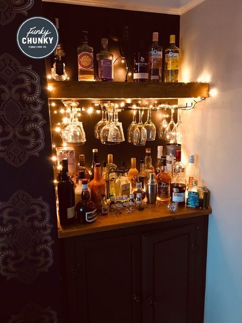 Now, that's a home bar we can get on board with! What's the first cocktail going to be tonight! @gels_angels is using our floating shelf to display her drinks collection within easy reach for cocktail home - we're counting down to the start of the weekend now! All our shelves are handmade in our workshop, in a choice of styles, lengths and wax finishes. Prices start from just £23. Shop Solid Wood Shelves on our website #barshelfie #homebar #shelfie #drinksshelfie #cocktailhour #cocktailsrou Drinks Shelf Ideas, Alcohol Display Home, Liquor Shelf Ideas Display, Liquor Shelf Ideas, Alcove Bar, Liqueur Cabinet, Kitchen Bar Storage, Bar Closet, Floating Shelf Ideas