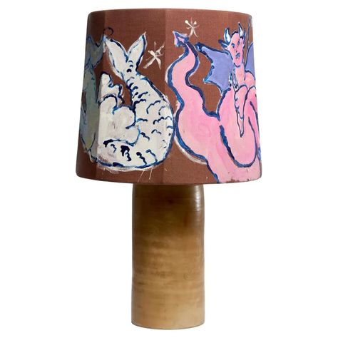 Flaminia Veronesi Hand Painted Table Lamp in Collaboration with Nassi For Sale at 1stDibs | nassi lamps, marni table lamp, anne holtrop lamp Hand Painted Lamp Shade, Hand Painted Lampshade, Unusual Lampshades, Hand Painted Lamp, Hand Painted Linen, Artichoke Lamp, Linen Lampshade, Mythological Characters, Planet Venus