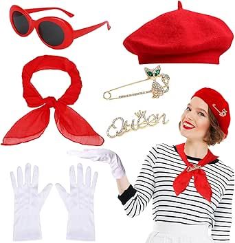 French Fancy Dress, Fancy Dress For Women, French Costume, French Beret Hat, Red Beret, Elegant Halloween, French Beret, Fancy Dress Up, Red Chiffon