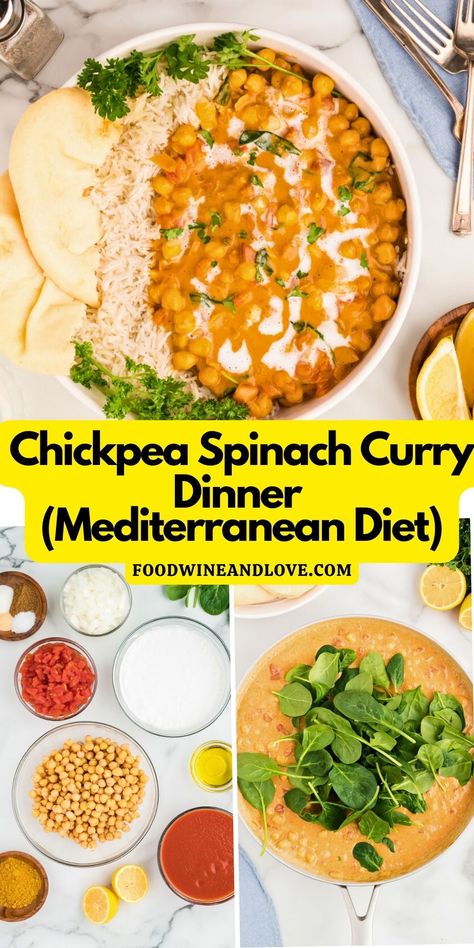 Chickpea Spinach Curry Dinner Mediterranean Dinner Vegetarian, Healthy Mediterranean Recipes Vegetarian, Mediterranean Diet Recipes Vegan, Mediterranean Diet Recipes Dairy Free, Kid Friendly Mediterranean Meals, Mediterranean Vegan Recipes, Mediterranean Diet Recipes Vegetarian, Vegetarian Recipes Mediterranean, Vegan Spinach Recipes