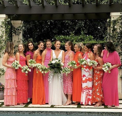 Bridesmaid Color Combinations, Bright Pink Mismatched Bridesmaid Dresses, Bright Bold Bridesmaid Dresses, Bright Color Wedding Bridesmaids, Mismatched Bridesmaid Dresses Pink And Orange, Bright Mixed Bridesmaid Dresses, Multicolor Bridesmaids Dresses, Bright Wedding Bridesmaid Dresses, Bright Pink And Orange Bridesmaid Dresses