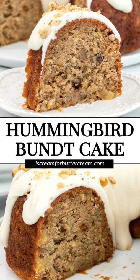 This Hummingbird Bundt Cake recipe offers a moist, pineapple-banana cake topped with cream cheese glaze, all with no mixer required. Hummingbird Pound Cake Recipe, Carrot Hummingbird Breakfast Bundt, Hummingbird Pound Cake, Hummingbird Bread With Cream Cheese, Nothing Bundt Cake Recipes, Hummingbird Cake From Box Recipe, Nothing Bundt Cake Icing Recipe, Moist Bundt Cake Recipes, Cream Cheese Pound Cake Recipe Moist